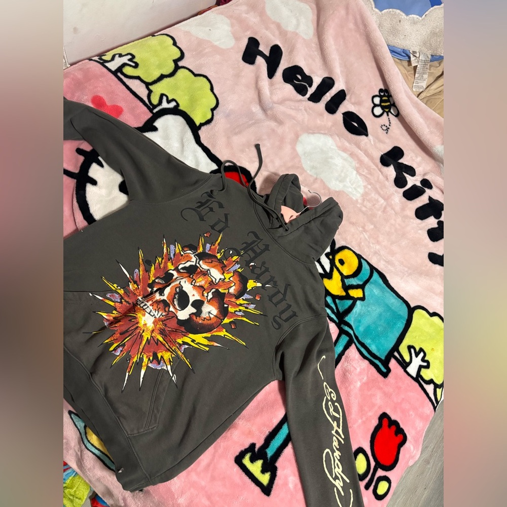 Ed Hardy Charcoal Hoodie with Fiery Skull Design